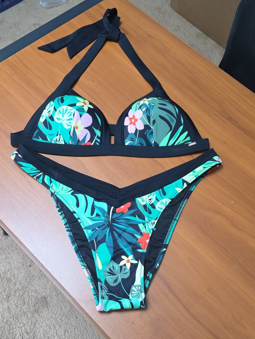 PINK Victoria's Secret Black Tropical Floral Halter Bikini Set